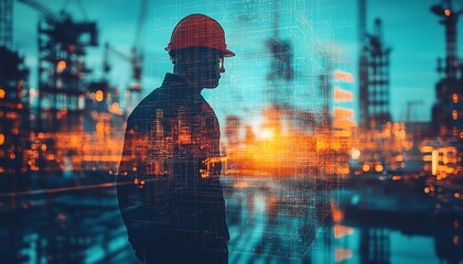 Aufkleber - Futuristic building construction engineering scene with double exposure of engineers at work and advanced smart industry technology, representing innovation in construction