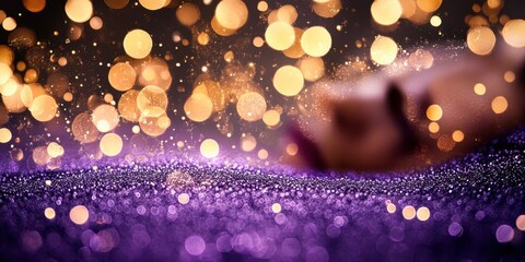 Wall Mural - a blurred figure lies on a purple surface adorned with shimmering particles and glowing bokeh lights
