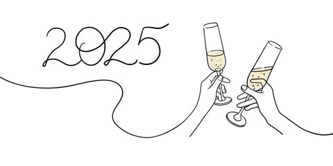 Wall Mural - Continuous line champagne cheers 2025 one line art, continuous drawing contour. Hands toasting with wine glasses with drinks. Cheers toast festive decoration for holidays. Vector illustration	