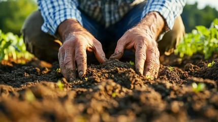 Wall Mural - Hands planting seedlings, gardening, farming, organic growth, cultivating, nature, agriculture, sustainable practices, fresh produce, rural life themes.