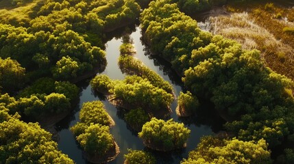 Wall Mural - Aerial view of a mangrove forest with a winding river on the island. Top-down view, drone shot, wide-angle lens, sunny day, high-resolution photography, insanely detailed, fine details, professional 