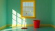 © red_orange_stock - A bright room illuminated by sunlight features a mop and bright red bucket, suggesting preparation for cleaning tasks on a clear day