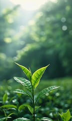 Wall Mural - Serenity in Nature Fresh Green Tea Leaves Glisten in Sunlight Amidst Lush Foliage, Showcasing Growth in Tranquil Garden Setting.