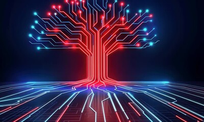 Wall Mural - cybernetic tree: a digital forest's glowing heart