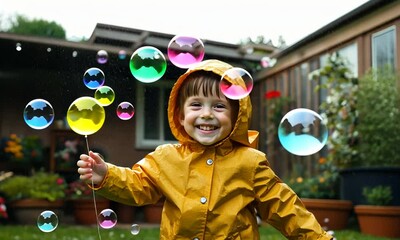 Wall Mural - Joyful Toddler in Yellow Raincoat Playing with Bubbles