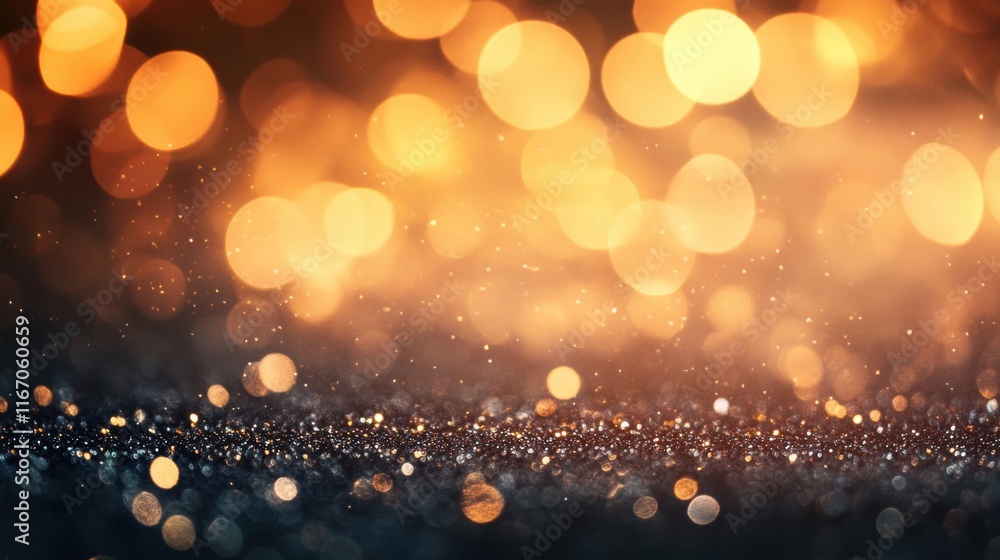 Golden bokeh lights sparkle against a glittery background, adding a ...