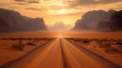 Wall Mural - A scenic view of a dirt road leading through a desert landscape at sunset.