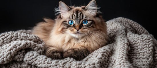 Wall Mural - Fluffy Siberian kitten with blue eyes lounging on a cozy blanket ideal for cat lovers and pet enthusiasts