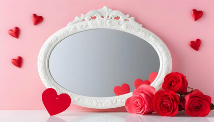 A white ornate mirror sits on a pink background, adorned with red hearts and three vibrant red roses. A romantic Valentines Day scene.