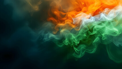 Abstract image depicting saffron, white, and green smoke, reminiscent of the Indian flags colors, swirling dynamically against a dark background. The colors blend and mix beautifully.