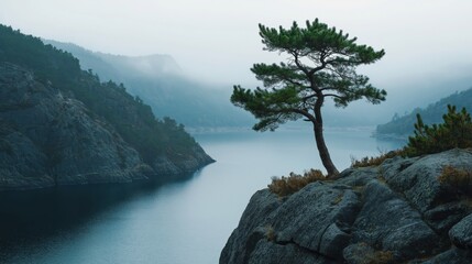 Wall Mural - A solitary pine tree stands on a rocky cliff overlooking a serene mountain lake.