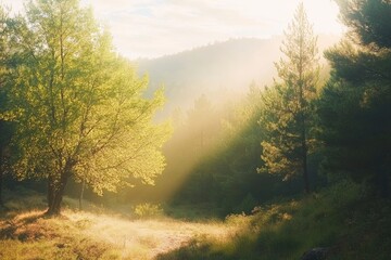 Wall Mural - Beautiful forest landscape with sunlight filtering through the trees in autumn. A peaceful natural scene of green pine and oak woods in fall colors. High-resolution photography.