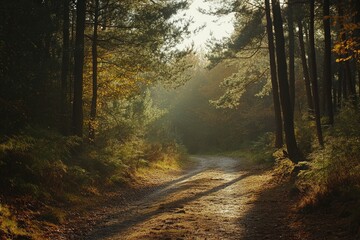 Wall Mural - Beautiful forest landscape with sunlight filtering through the trees in autumn. A peaceful natural scene of green pine and oak woods in fall colors. High-resolution photography.