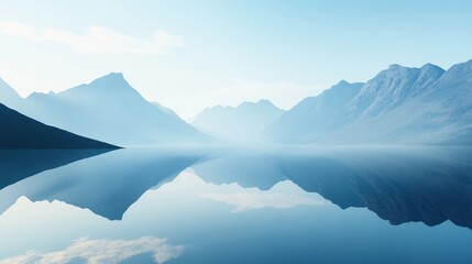 Wall Mural - A tranquil lake surrounded by mountains, reflecting the serene blue sky and landscape.