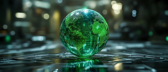 Leinwandbilder - Crystal globe representing ecologistics, green transportation symbols, renewable energy technologies, and futuristic cargo systems, 4K, cinematic glow