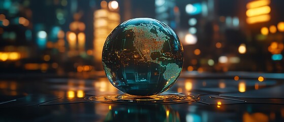 Leinwandbilder - Crystal globe representing ecologistics, green transportation symbols, renewable energy technologies, and futuristic cargo systems, 4K, cinematic glow