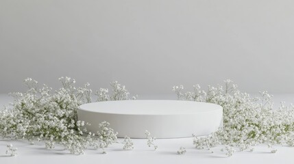 Canvas Print - Round white podium with gypsophila flowers on light grey background for beauty product presentation Minimalist still life mockup with space for cosmetic advertising