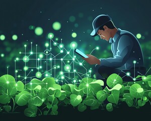 Aufkleber - Smart agriculture innovation, farmer monitoring crops with a smartphone, IoT icons lighting up the landscape, AI technology optimizing produce, professional and vibrant