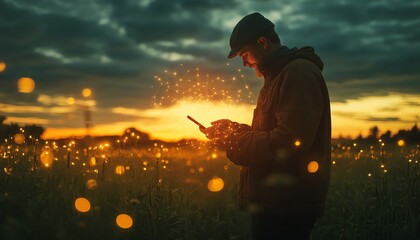 Aufkleber - Smart farming scene, man holding a glowing smartphone, IoT networks visualized in the air over a flourishing field, AIdriven precision agriculture, cinematic style