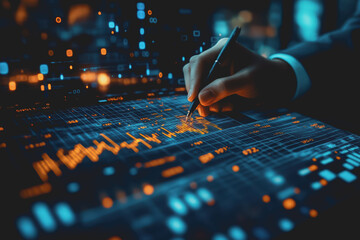 Professional businessman in suit working hard at desk surrounded by digital graphs and visual data.