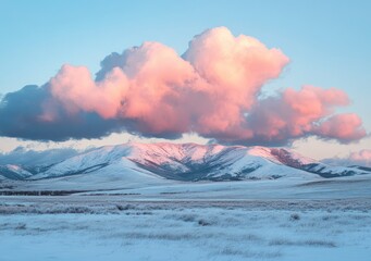 Wall Mural - Beautiful snow landscape with a dramatic sky at sunset. Snowy mountain background. White and pink clouds in the blue sky. photorealistic, high-resolution photography, insanely detailed, fine details, 