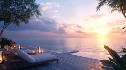 Canvas Print - Scenic hotel terrace overlooking the ocean, with comfortable lounge chairs and a romantic sunset setting