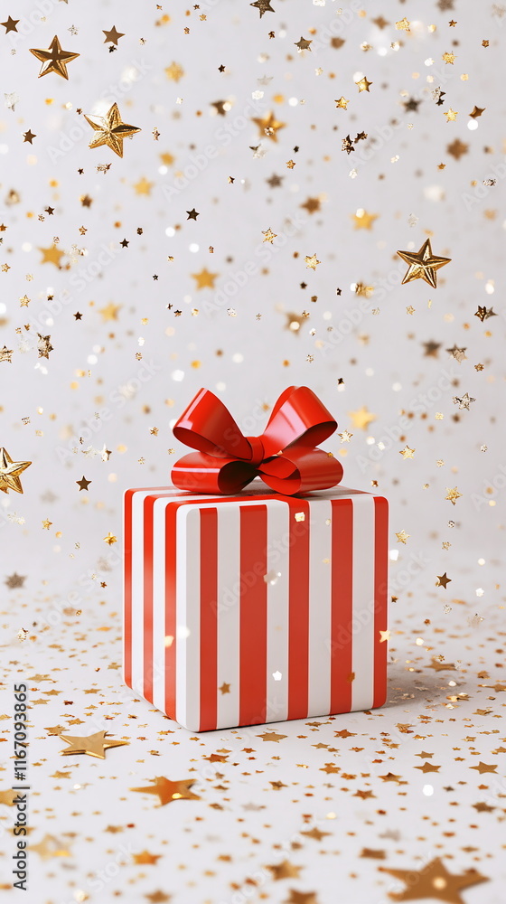 Red and white striped gift box with a shiny red bow, placed on a light ...