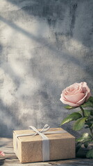 Wall Mural - Romantic composition with a small wrapped box, a pink rose, and a handwritten love note on a rustic wooden table background Valentine's day vertical social media concept, photo footage stories reels