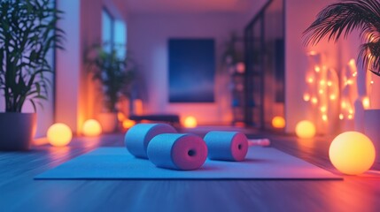 Poster - Dumbbells on yoga mat in dimly lit home gym.