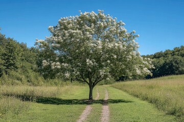 Wall Mural - A photograph of an apple tree in full bloom, standing alone on the edge of a green, grassy field with a dirt road leading to it. The blue sky above, with trees and a forest in the background, captured