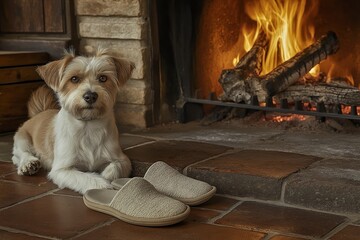 Wall Mural - A cozy home setting featuring slippers by the fire, with a charming dog watching nearby. Perfect inspiration for cozy home ideas and warm interiors.