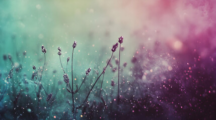 Wall Mural - Dreamlike violet and aqua bokeh with glowing sparkles indoors over a muted green and pink gradient