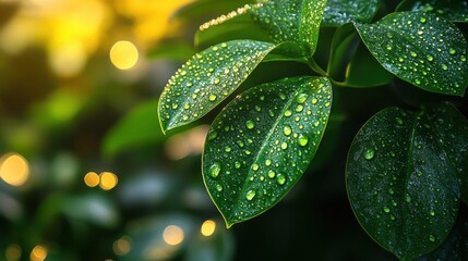 Canvas Print - Close-up of green leaves with water droplets, showcasing nature's beauty and freshness.