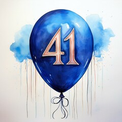 Blue birthday / anniversary balloon, number 41, watercolor painting with white background