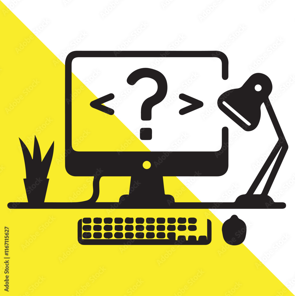 Question Mark on a Computer Screen with Coding Symbols, Desk Setup with ...