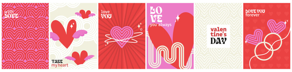 valentine's day poster set. minimal, retro design wavy line, love cover