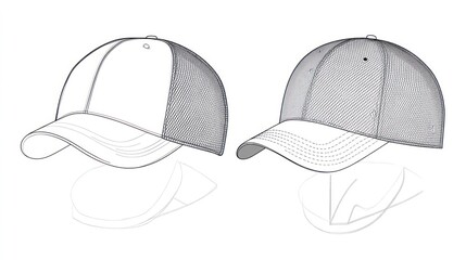 Technical drawing illustration of a trucker hat snapback, Blank streetwear mock-up template for design and tech packs, CAD strap mesh