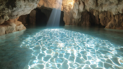 Wall Mural - A crystal-clear underwater cave illuminated by sunlight streaming from above