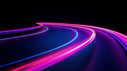 Poster - Abstract neon light trails curve on dark background.