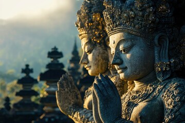 Wall Mural - Late afternoon light on stone statues in the Pura Besakih temple complex, Bali, Indonesia