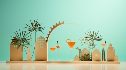 Wall Mural - Elegant paper cut drinks, soft natural light, space on the left, light mint background,generative ai illustration