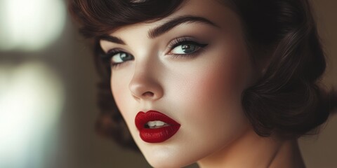  A woman with styled hair and striking red lips gazes directly at the viewer, her makeup highlighting her eyes in a softly lit environment