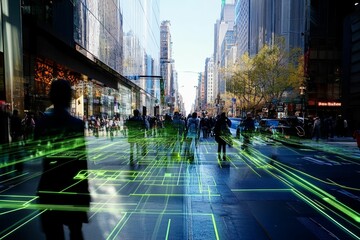 Sticker - City street scene, glowing lines overlaying pedestrians.