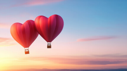 Wall Mural - Valentine day concept. Heart shaped hot air balloons floating in serene sunset sky