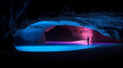 Poster - Silhouette of person in neon-lit cave.