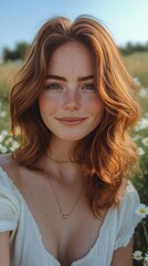 Wall Mural - Young woman with freckled face smiling in a flower field during golden hour