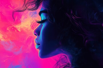 Canvas Print - Neon portrait, woman's profile, vibrant colors, abstract background.