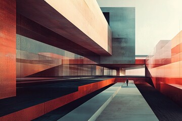 Wall Mural - Abstract architecture; person walks; red, gray, glass.