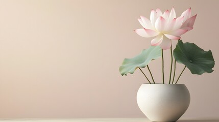 Wall Mural - Pink lotus flower in a white vase against a beige background