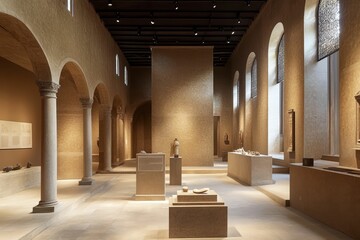 Poster - Light-filled gallery, ancient artifacts, arched architecture.